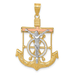 14k Tri-color Diamond-cut w/Textured Mariner's Cross Pendant - 2