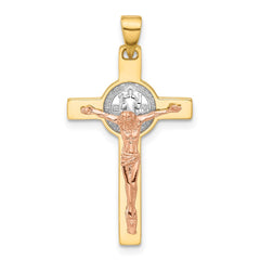 14K Two-tone with White Rhodium Crucifix and St Benedict Pendant