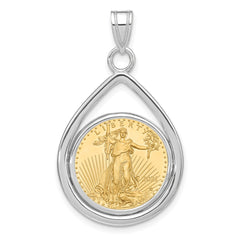 Wideband Distinguished Coin Jewelry 14k White Gold Polished Lightweight Teardrop Mounted 1/10oz American Eagle Prong Coin Bezel Pendant