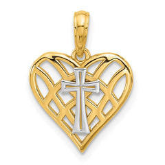 14K and Rhodium Fancy Heart and Cross Charm