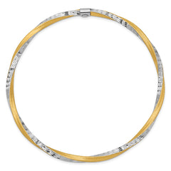 14k and White Rhodium Satin Finish Diamond-cut Twist 3.00mm Slip-on Round Bangle Bracelet