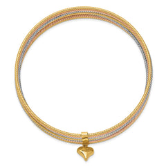 14K Oversize Tri-color Polished and Textured with Dangle Heart 7-Strand 11.00mm Slip-on Round Bangle Bracelet - 2