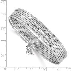 14K Oversize White Gold Polished and Textured with Dangle Heart 7-Strand 11.00mm Slip-on Round Bangle Bracelet