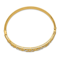 14K with White Rhodium Diamond-cut Filigree Graduated 9.00mm Hinged Oval Bangle Bracelet