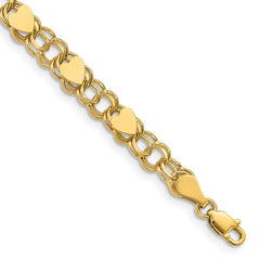 14k 6mm Solid Double Link with Hearts 8 inch Charm Bracelet