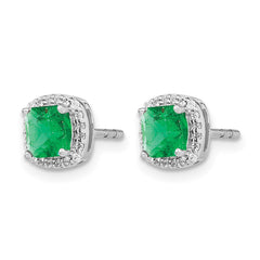 14k White Gold Cushion Emerald and Diamond Halo Earrings