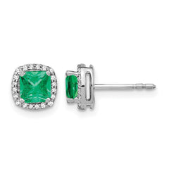14k White Gold Cushion Emerald and Diamond Halo Earrings
