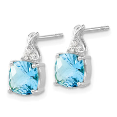 14K White Gold Checkerboard Blue Topaz and Diamond Earrings