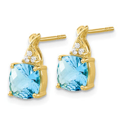 14k Checkerboard Blue Topaz and Diamond Earrings