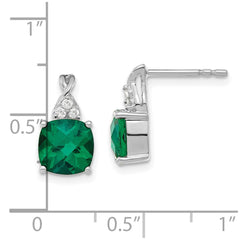 14K White Gold Checkerboard Created Emerald and Diamond Earrings