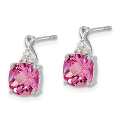 14K White Gold Checkerboard Created Pink Sapphire and Diamond Earrings