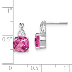 14K White Gold Checkerboard Created Pink Sapphire and Diamond Earrings