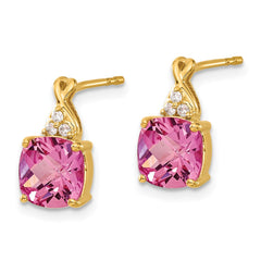 14k Checkerboard Created Pink Sapphire and Diamond Earrings