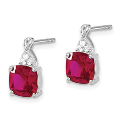14K White Gold Checkerboard Created Ruby and Diamond Earrings