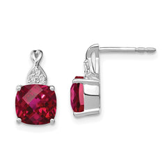14K White Gold Checkerboard Created Ruby and Diamond Earrings
