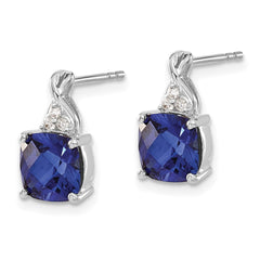 14K White Gold Checkerboard Created Sapphire and Diamond Earrings