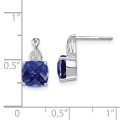 14K White Gold Checkerboard Created Sapphire and Diamond Earrings