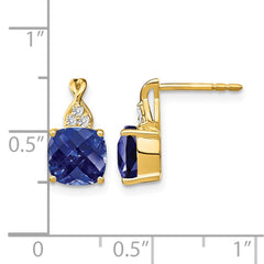 14k Checkerboard Created Sapphire and Diamond Earrings