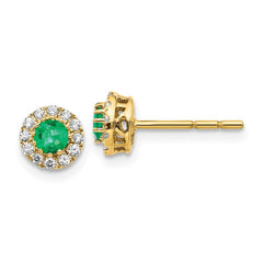 14k Gold Diamond and Emerald Halo Post Earrings - 2