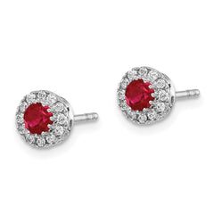 14k White Gold Diamond and Ruby Halo Post Earrings - 3