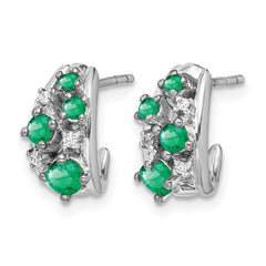 14k White Gold Diamond and Emerald Polished Post Hoop Earrings