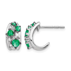 14k White Gold Diamond and Emerald Polished Post Hoop Earrings