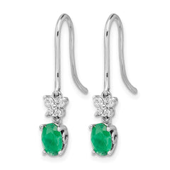 14k White Gold 1/8ct Diamond and Oval Emerald Dangle Earrings