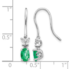 14k White Gold 1/8ct Diamond and Oval Emerald Dangle Earrings