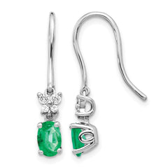 14k White Gold 1/8ct Diamond and Oval Emerald Dangle Earrings