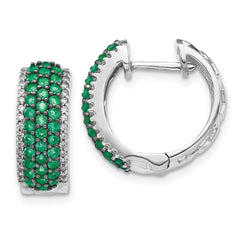 14k White Gold Diamond and Emerald Hinged Hoop Earrings