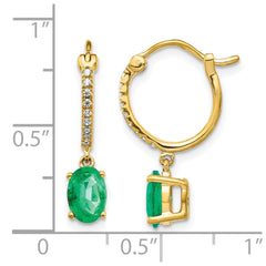 14k 1/10ct Diamond and Emerald Dangle Hoop Earrings
