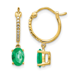 14k 1/10ct Diamond and Emerald Dangle Hoop Earrings