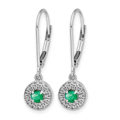 14k White Gold Diamond Halo Emerald Leverback Dangle Earrings
