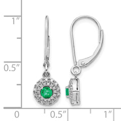 14k White Gold Diamond Halo Emerald Leverback Dangle Earrings
