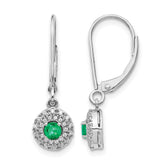 14k White Gold Diamond Halo Emerald Leverback Dangle Earrings
