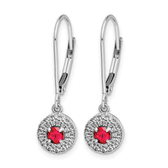 14k White Gold Diamond Halo Ruby Leverback Dangle Earrings