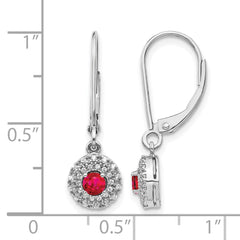 14k White Gold Diamond Halo Ruby Leverback Dangle Earrings
