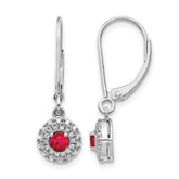14k White Gold Diamond Halo Ruby Leverback Dangle Earrings
