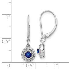 14k White Gold Diamond Halo Sapphire Leverback Dangle Earrings