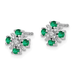 14k White Gold Emerald and Diamond Post Earrings - 2