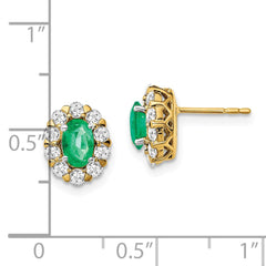 14k Oval Emerald and Diamond Halo Post Earrings
