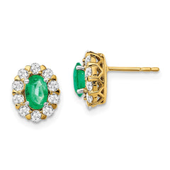 14k Oval Emerald and Diamond Halo Post Earrings