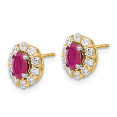 14k Oval Ruby and Diamond Halo Post Earrings