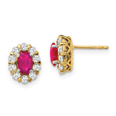 14k Oval Ruby and Diamond Halo Post Earrings