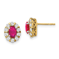 14k Oval Ruby and Diamond Halo Post Earrings