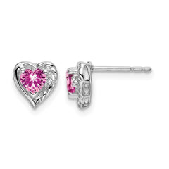 14k White Gold Created Pink Sapphire and Diamond Heart Earrings - 3