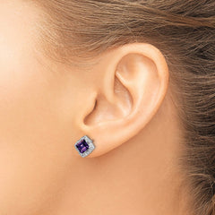 14k White Gold Square Amethyst and Diamond Earrings