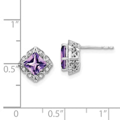 14k White Gold Square Amethyst and Diamond Earrings