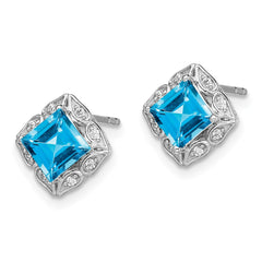 14k White Gold Square Blue Topaz and Diamond Earrings