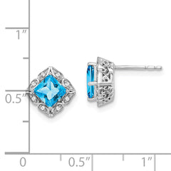 14k White Gold Square Blue Topaz and Diamond Earrings